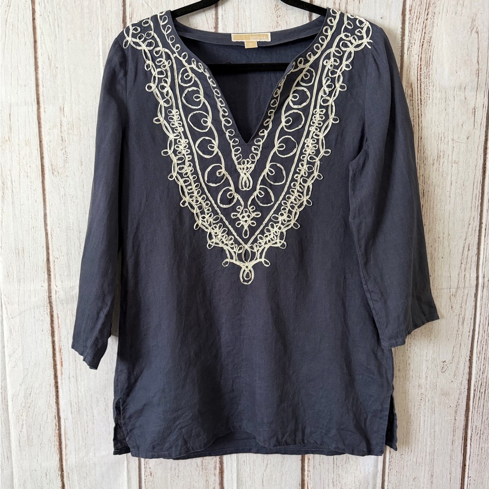 MICHAEL Michael Kors Blue Linen Embroidered V-Neck Tunic Top Size M